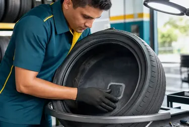 Mecânico consertando pneus com ferramentas na O Polo Borracharia em Cametá.