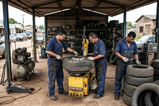 Mecânicos inspecionando pneus na O Polo Borracharia em Cametá.