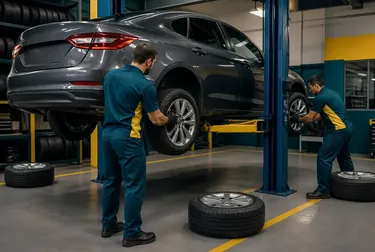 Mecânicos realizando o rodízio de pneus de um carro na O Polo Borracharia.