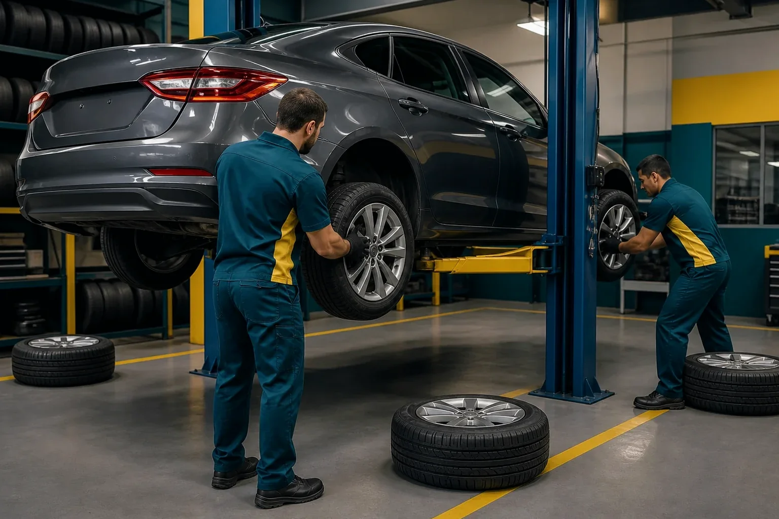 Mecânicos realizando o rodízio de pneus de um carro na O Polo Borracharia.