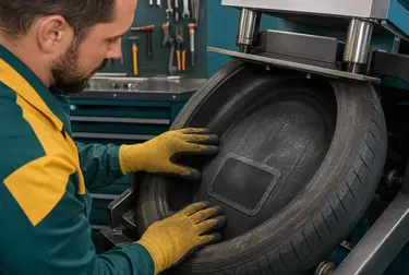 Técnico fazendo vulcanização em pneus na O Polo Borracharia.