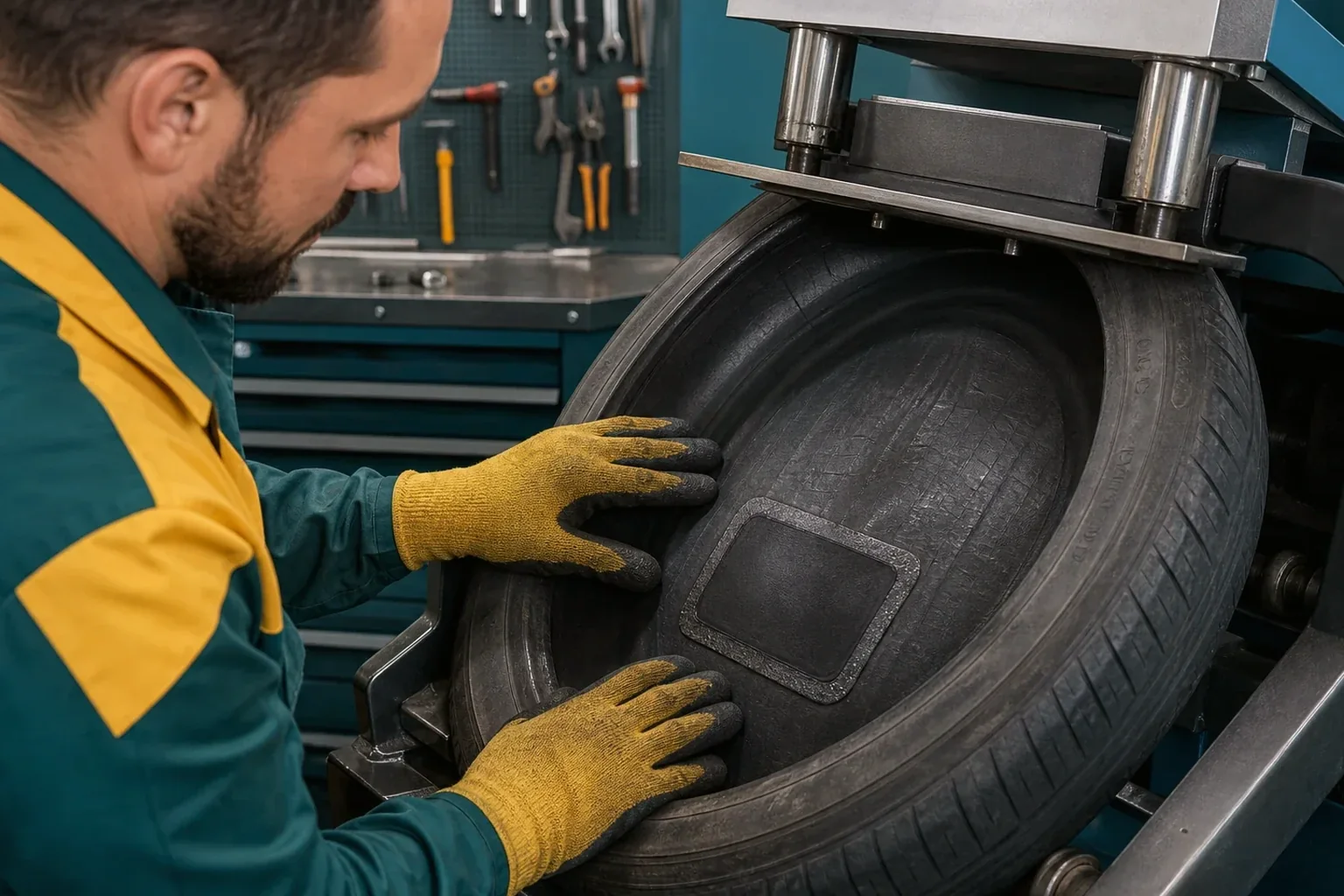 Técnico fazendo vulcanização em pneus na O Polo Borracharia.